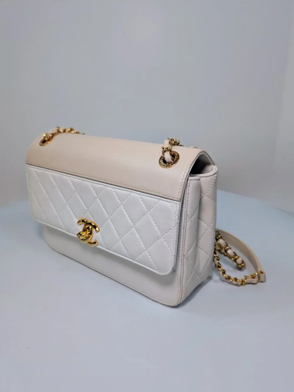 Chanel Beige and White Lambskin Leather Medium Flap Bag